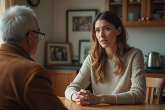 Femme parlant sincèrement à un propriétaire âgé dans un salon chaleureux