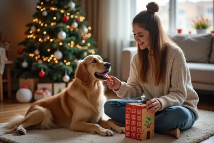Femme souriante avec chien golden retriever et calendrier de l'avent