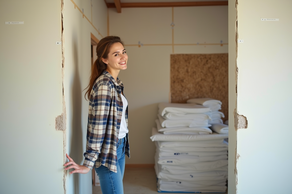 Jeune femme inspectant un mur après isolation en cellulose