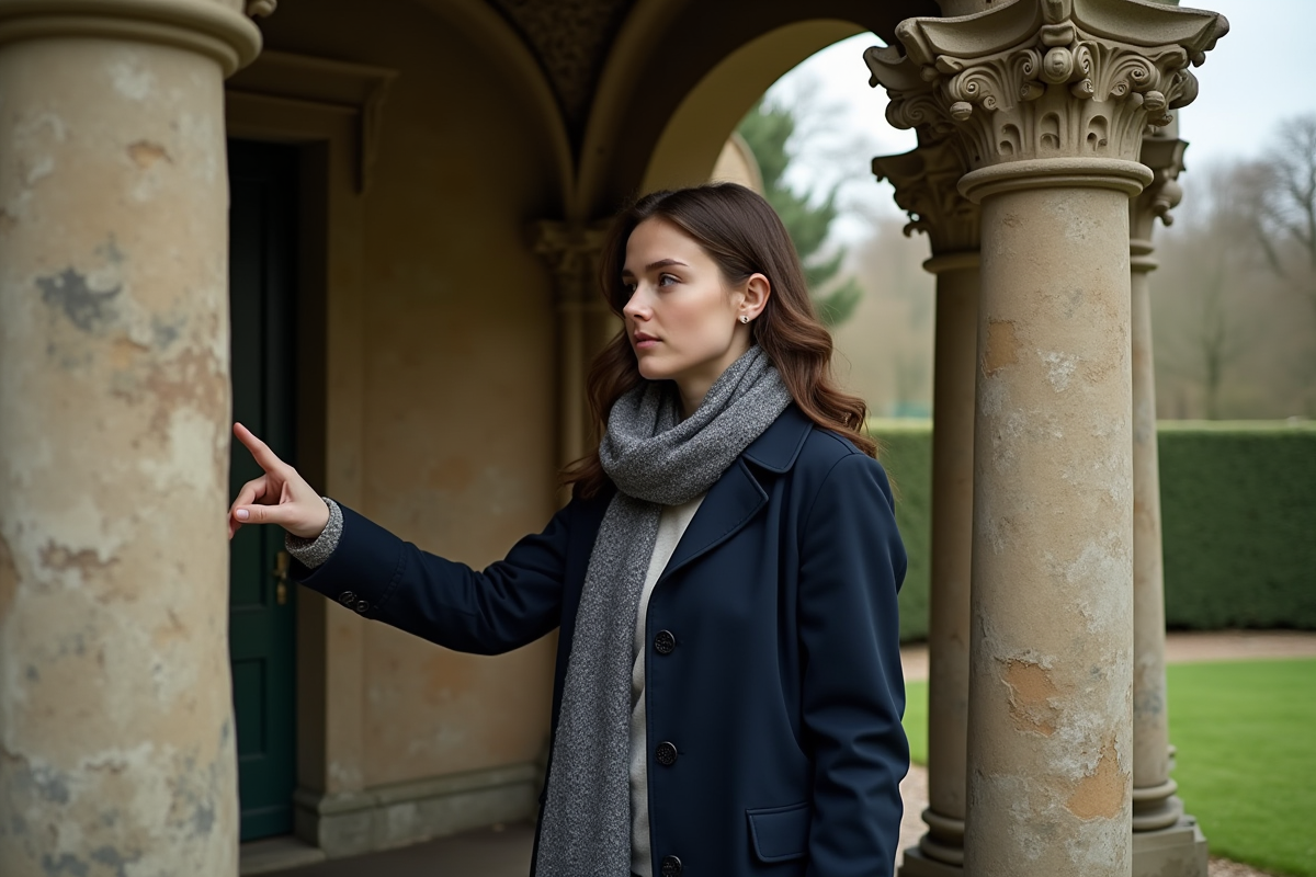 Jeune femme contemplant une ancienne folies dans un jardin
