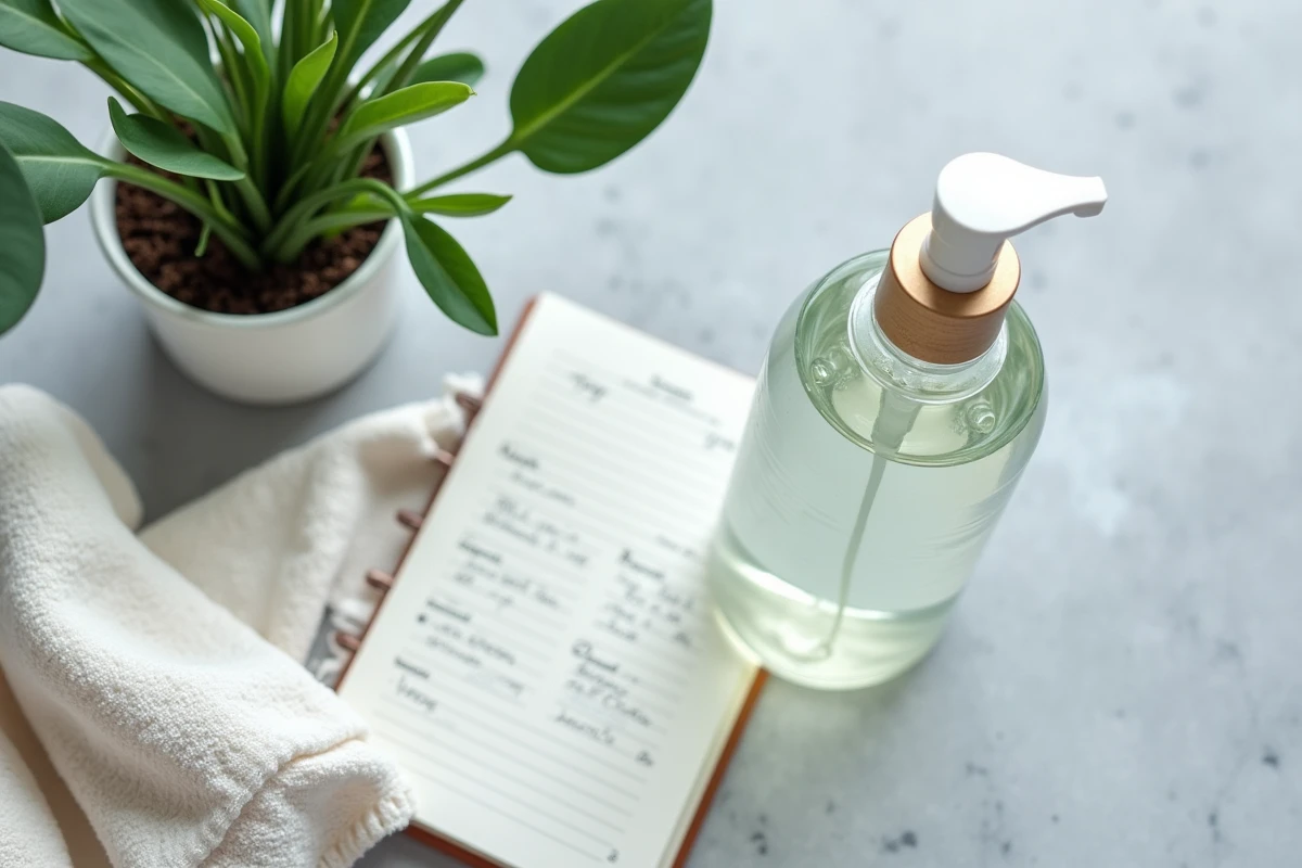 Présentation de produit H2O avec flacon en verre, tissu et notes d'utilisation sur un plan de travail