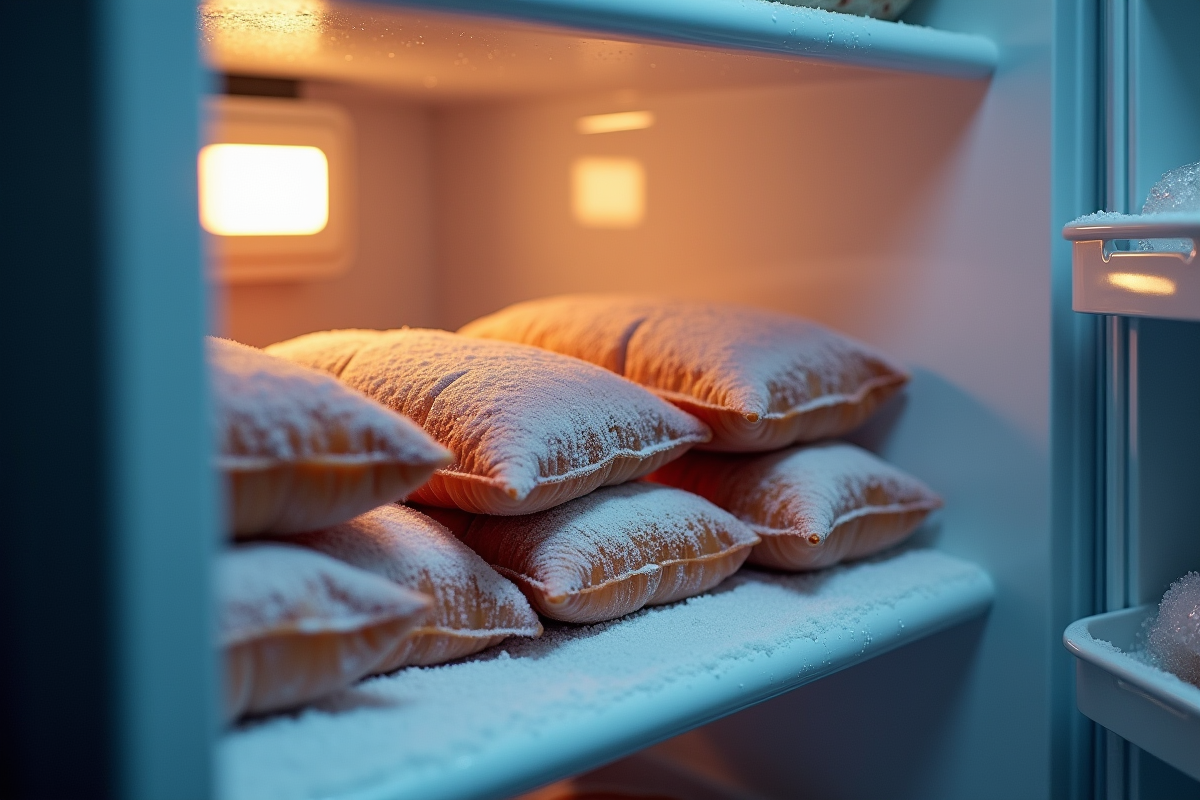 Gros plan sur des aliments congelés dans le freezer avec givre