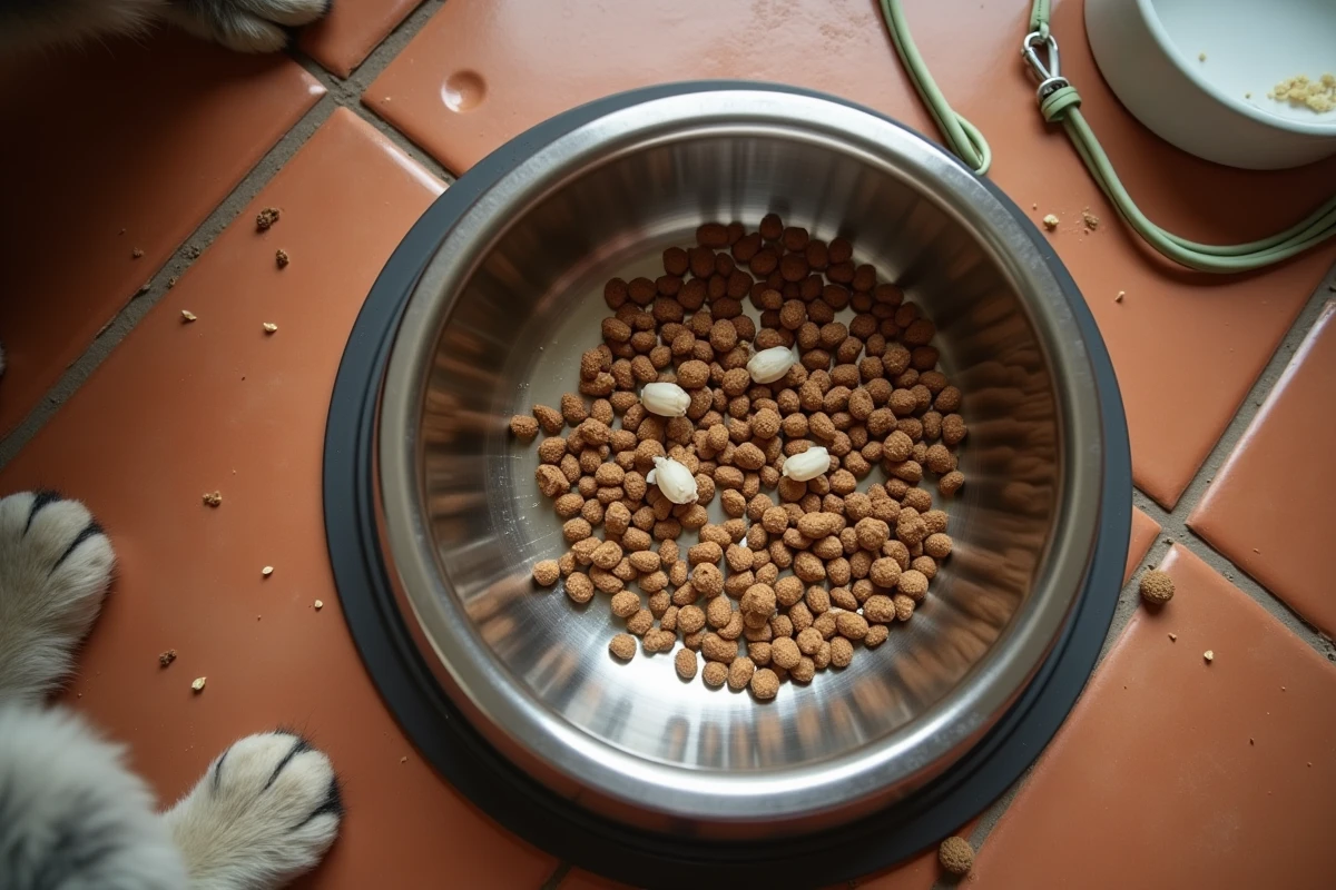Gros plan d'une gamelle pour chien en inox avec des restes de nourriture humide et des larves de mouche visibles sur le sol carrelé