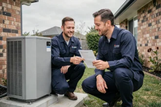 Technicien HVAC expliquant les termes de garantie d'une pompe à chaleur à un propriétaire devant une unité extérieure installée