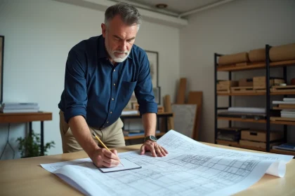 Geometre en bureau examinant un plan cadastral