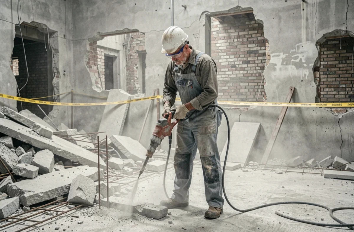 Un ouvrier de GMD Gros Œuvre Maçonnerie Démolition utilisant un marteau-piqueur pour démolir une dalle béton dans un bâtiment industriel
