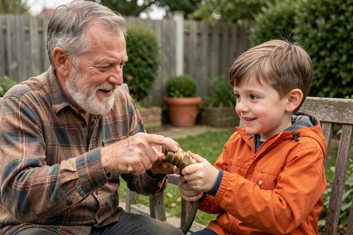 Un grand-père montre à son petit-fils comment dévisser un raccord de tuyau de jardin en expliquant le sens du filetage en extérieur