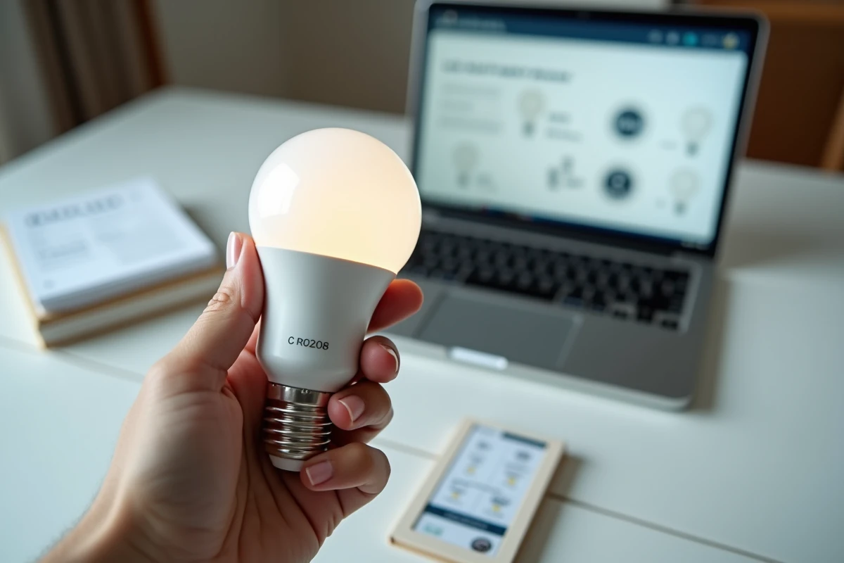 Gros plan d'une main tenant une ampoule LED avec étiquette lumens et watts visible sur un bureau