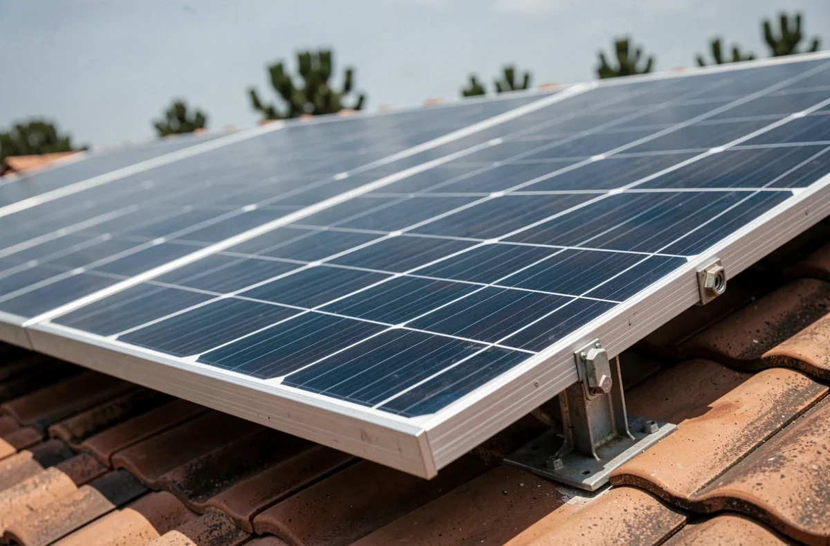 Gros plan sur les cellules de panneaux photovoltaïques monocristallins montés sur une toiture en tuiles pour atteindre 8000 kWh annuels