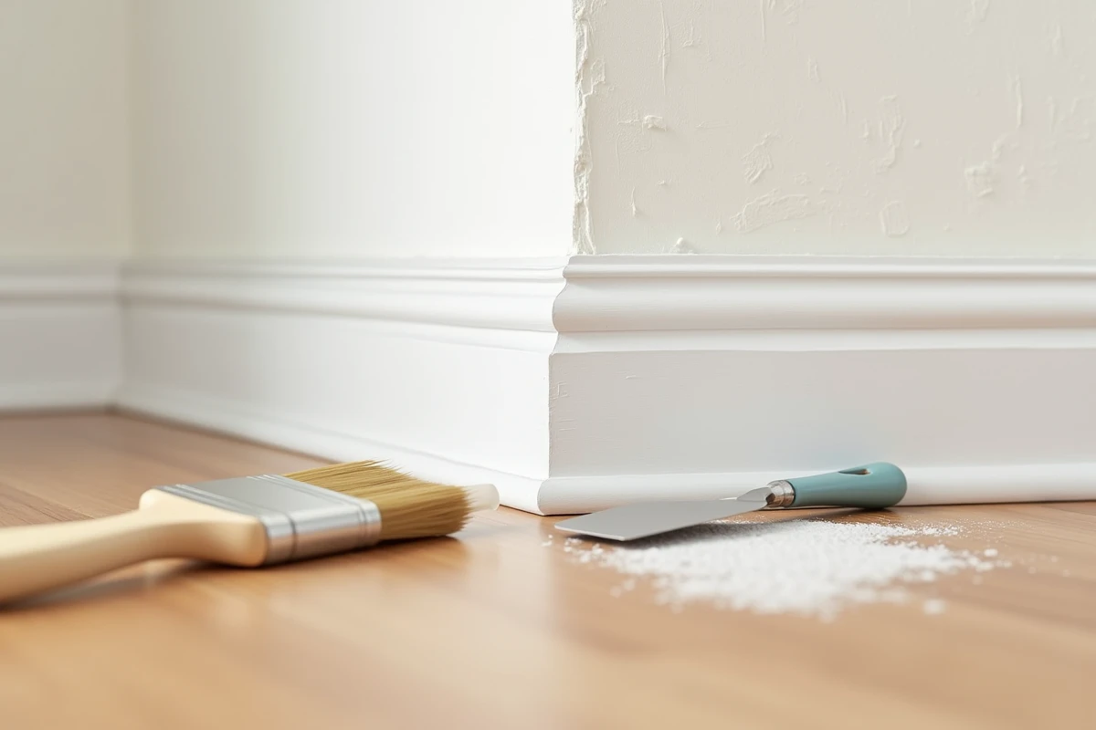 Gros plan sur un joint acrylique lissé à l'angle d'un mur peint en blanc avec pinceau et tube de mastic posés sur un parquet en bois