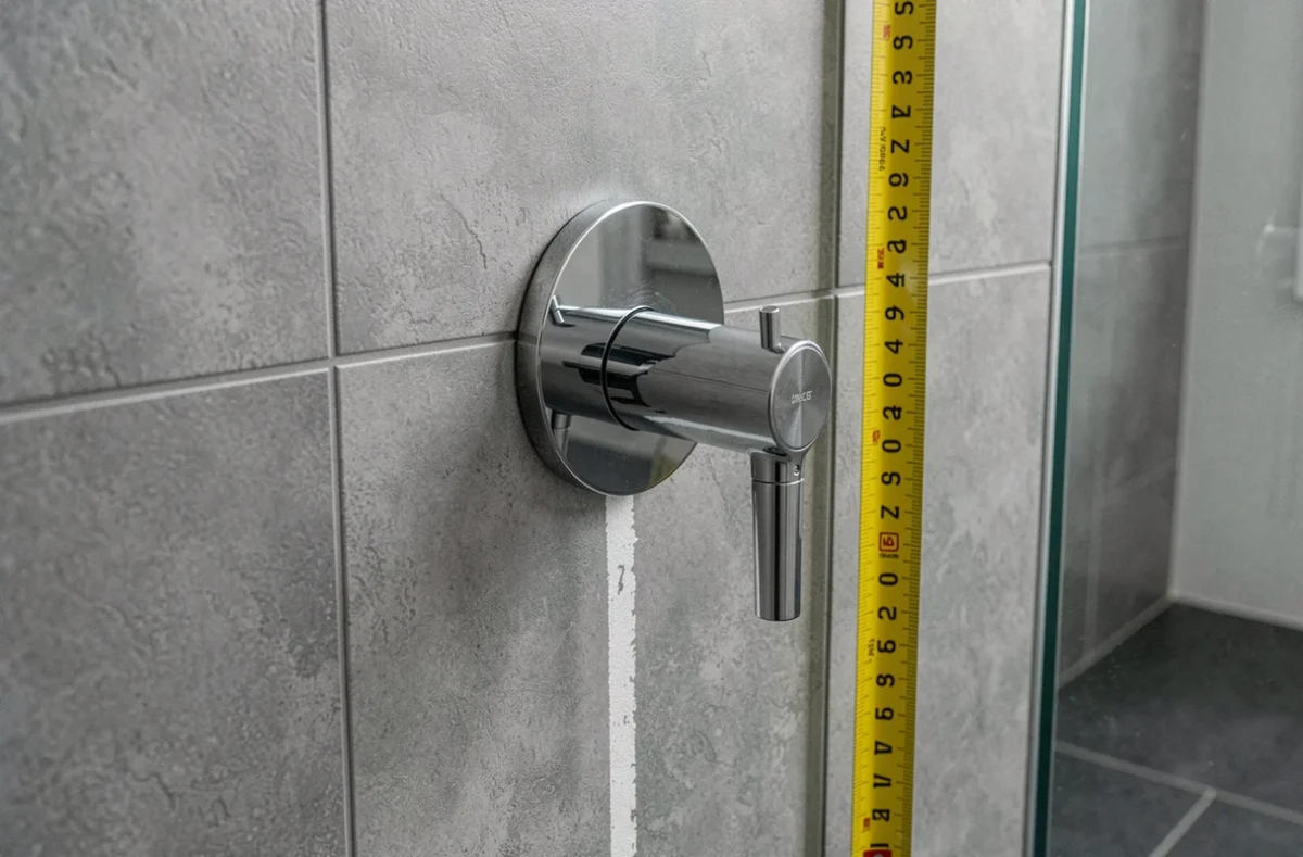 Gros plan sur un mitigeur thermostatique chromé installé à la bonne hauteur dans une douche à l'italienne avec ruban de mesure