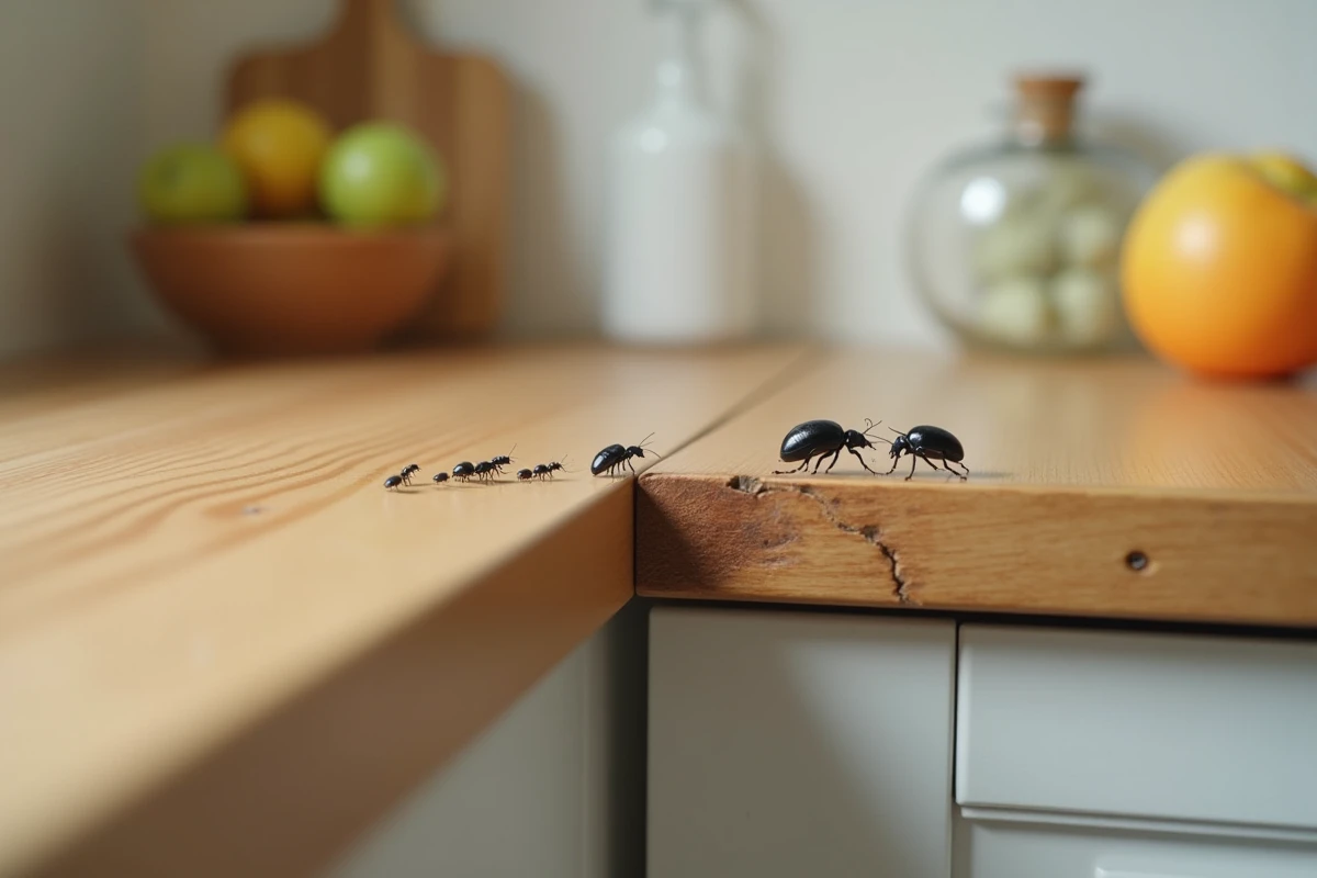 Gros plan de petites bêtes noires dans une fissure de plan de travail de cuisine