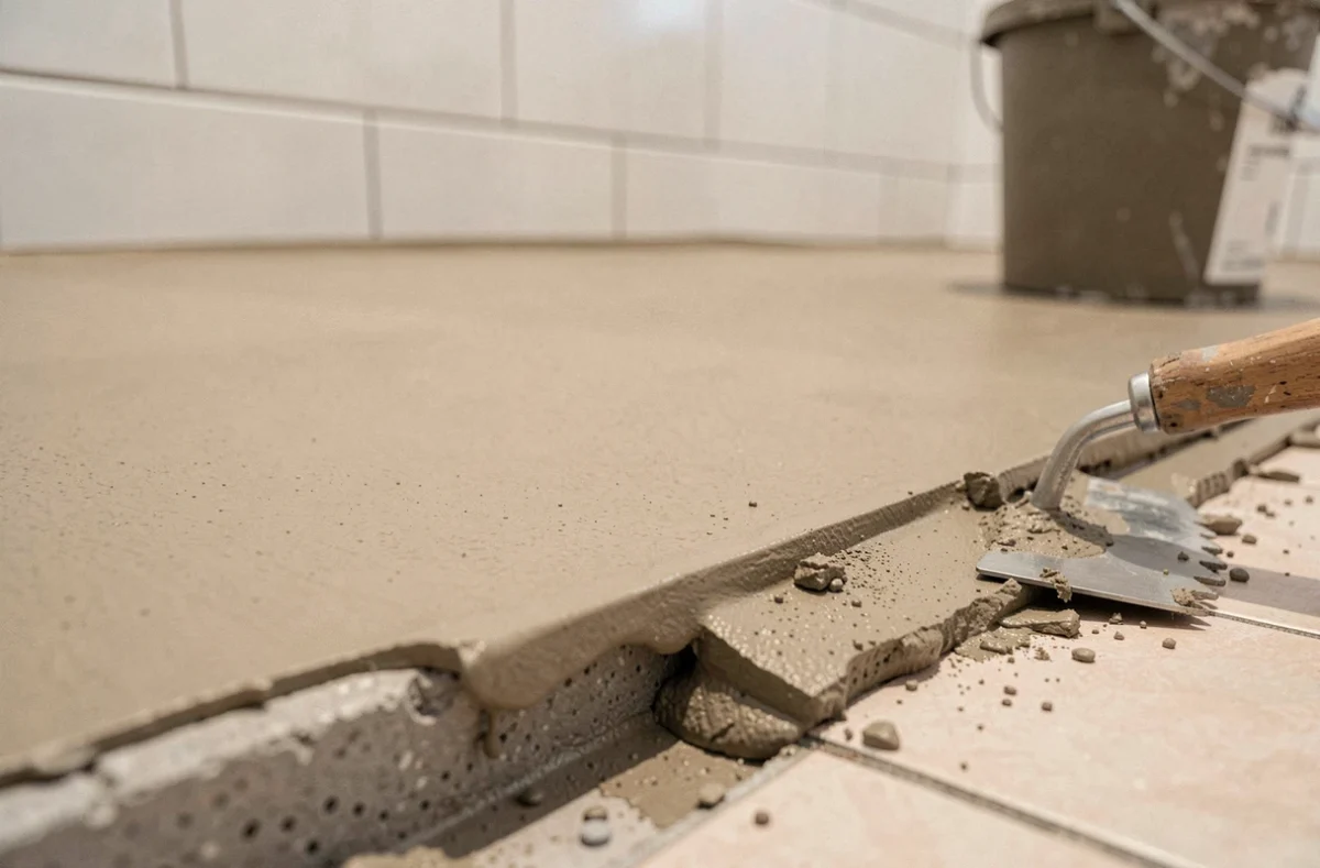 Gros plan sur une surface de ragréage autolissant fraîchement appliqué avec truelle crantée sur sol de rénovation