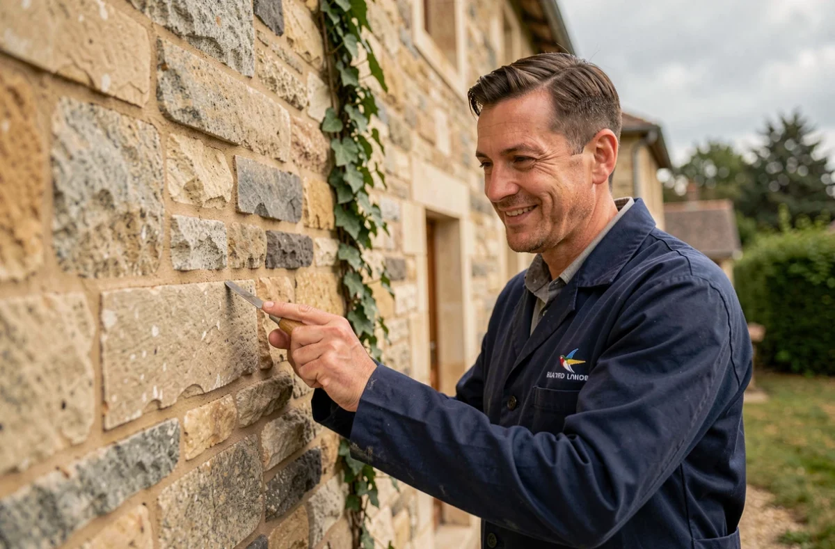 Un artisan d'Hirondelle Maçonnerie rejointoyant des pierres calcaires sur la façade d'une ferme ancienne en Île-de-France