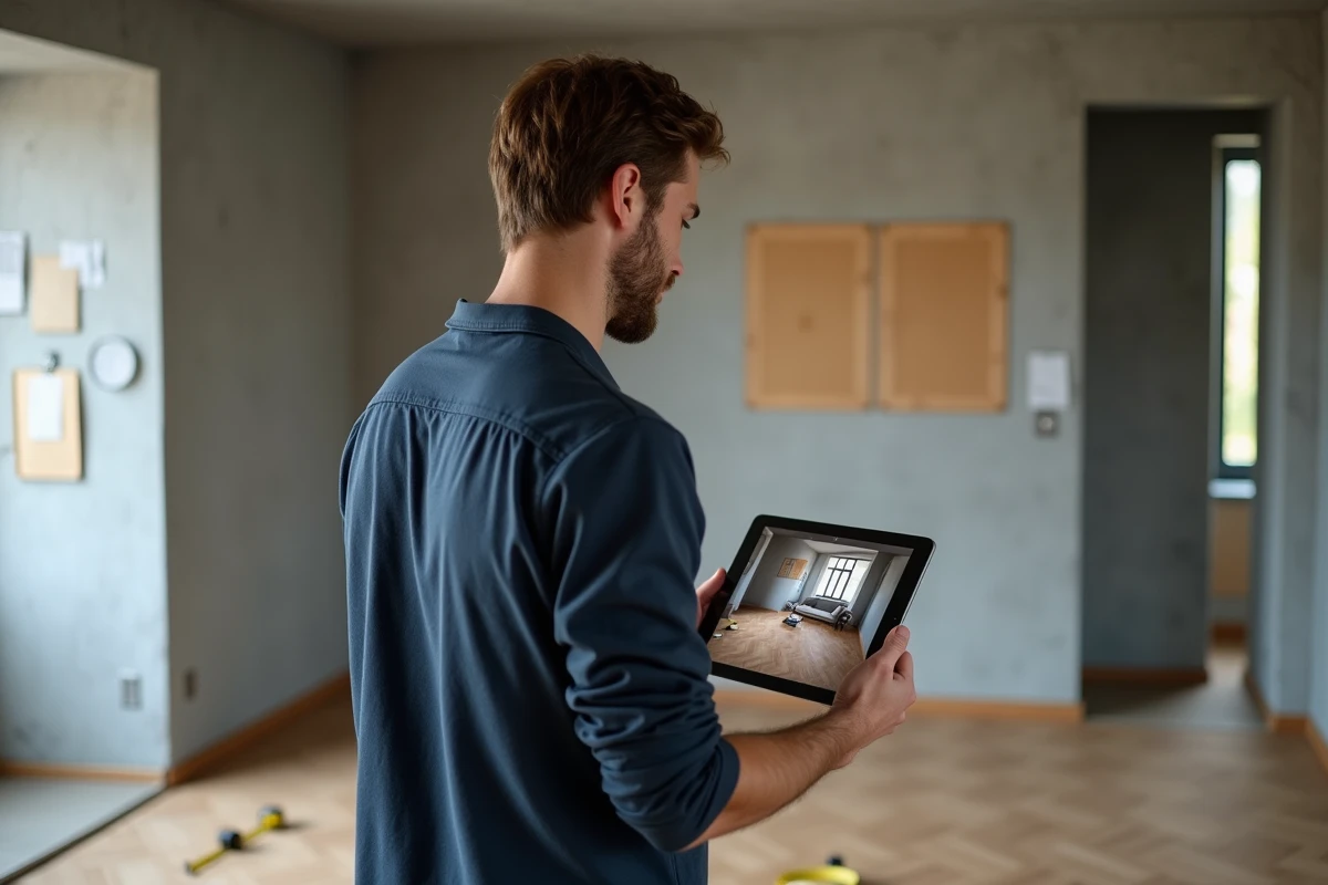 Homme testant une application de visualisation de meubles en réalité augmentée dans un appartement en rénovation