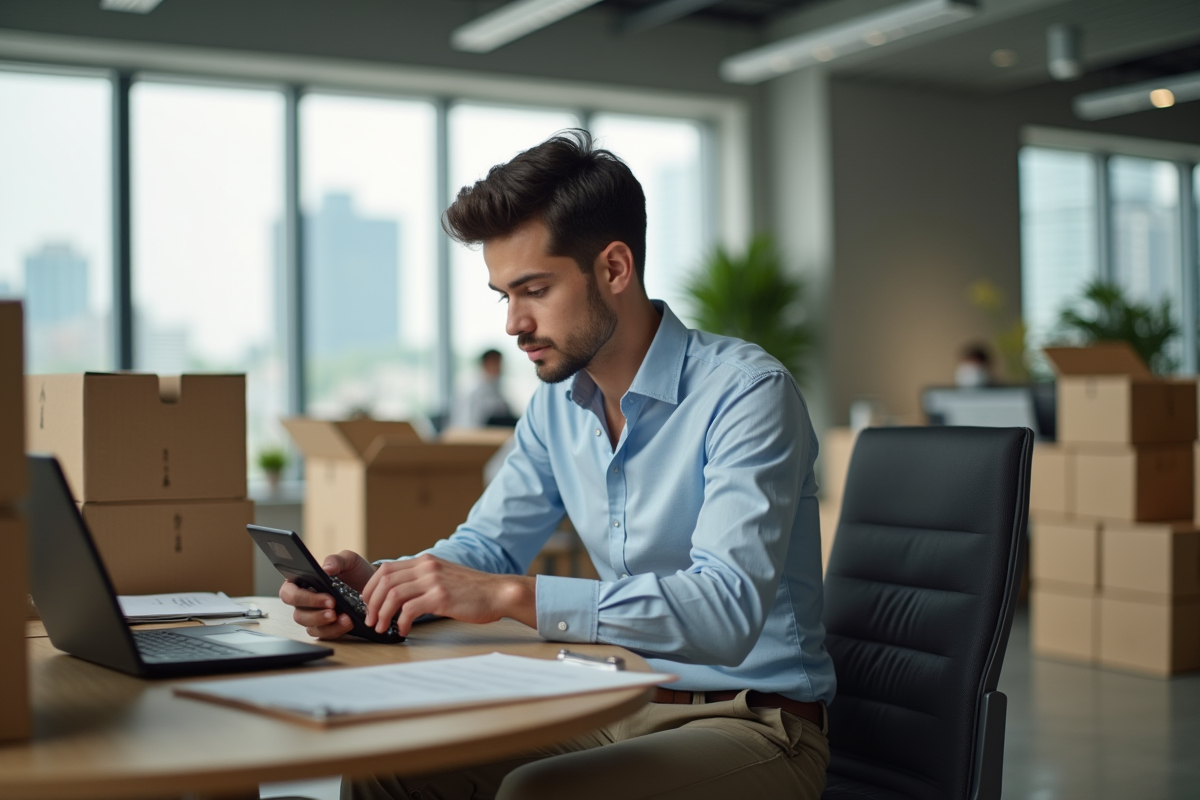 Jeune homme travaillant avec des cartons dans un bureau moderne