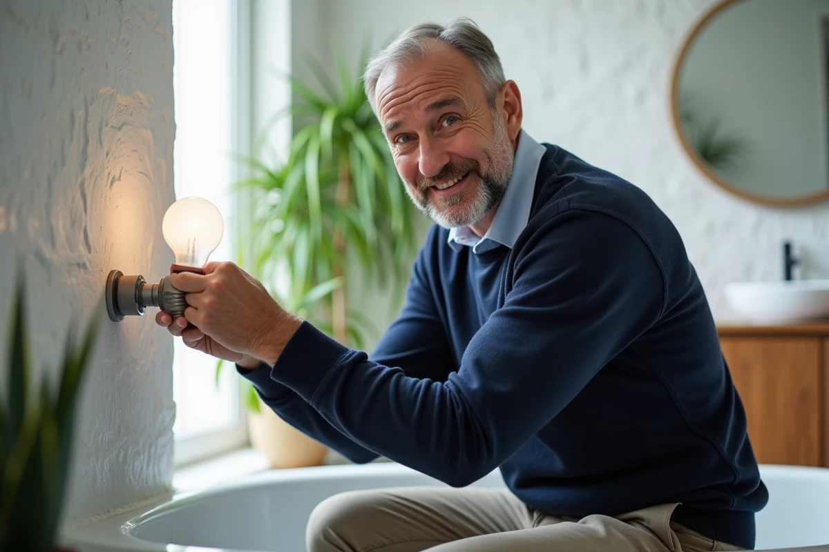 Homme en pull bleu changeant une ampoule dans la salle de bain