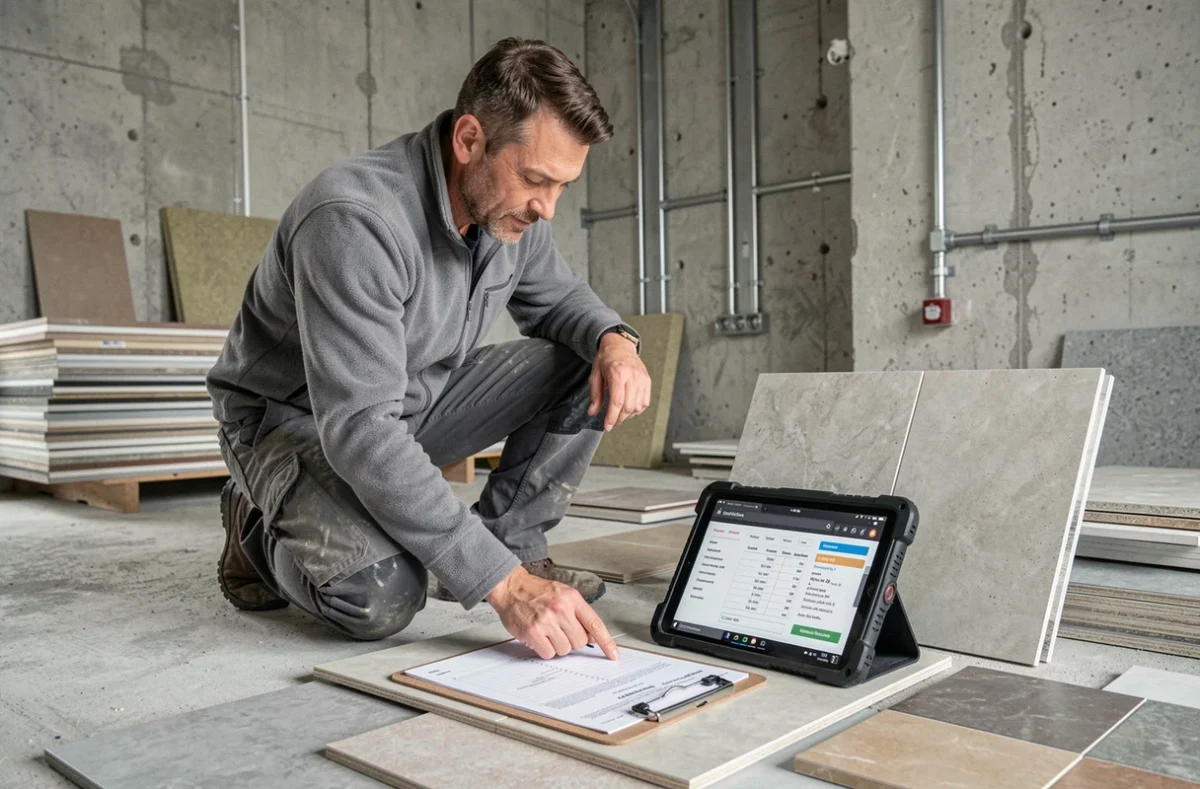 Homme sur un chantier de rénovation consultant les prix de matériaux en ligne sur une tablette