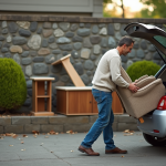 Homme d'âge moyen chargeant une vieille chaise en bois dans sa voiture