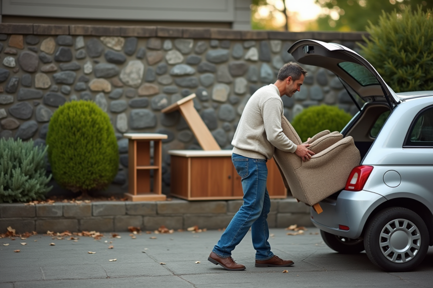Homme d'âge moyen chargeant une vieille chaise en bois dans sa voiture