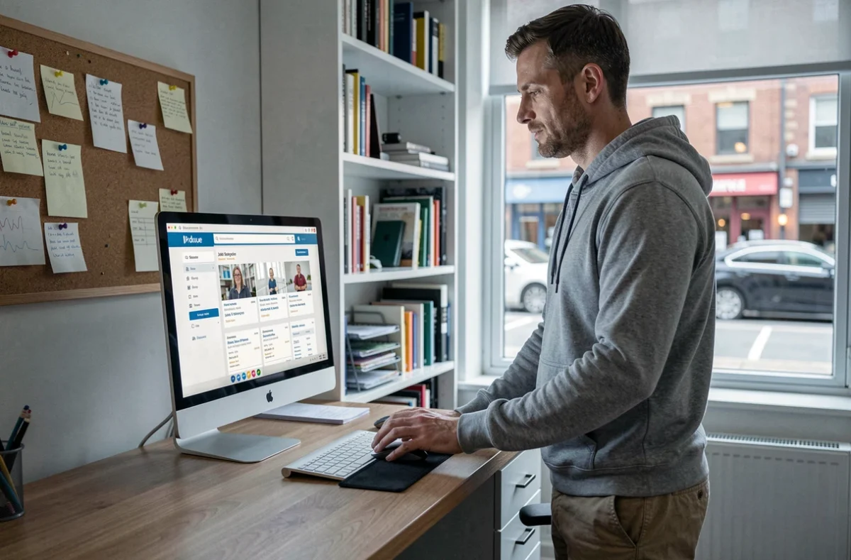 Homme consultant des annonces d'aide ménagère sur Indeed depuis un bureau à domicile moderne