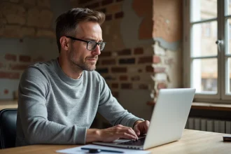 Homme consultant le blog Fizeo sur son ordinateur portable pour planifier des travaux de rénovation énergétique