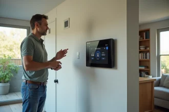 Homme examine un panneau digital dans un salon moderne