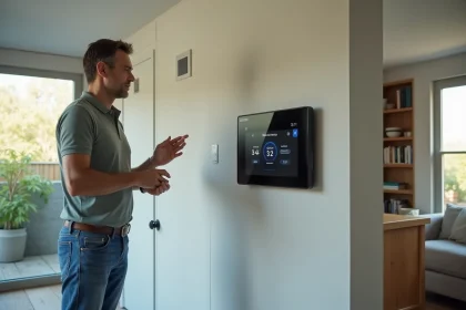 Homme examine un panneau digital dans un salon moderne