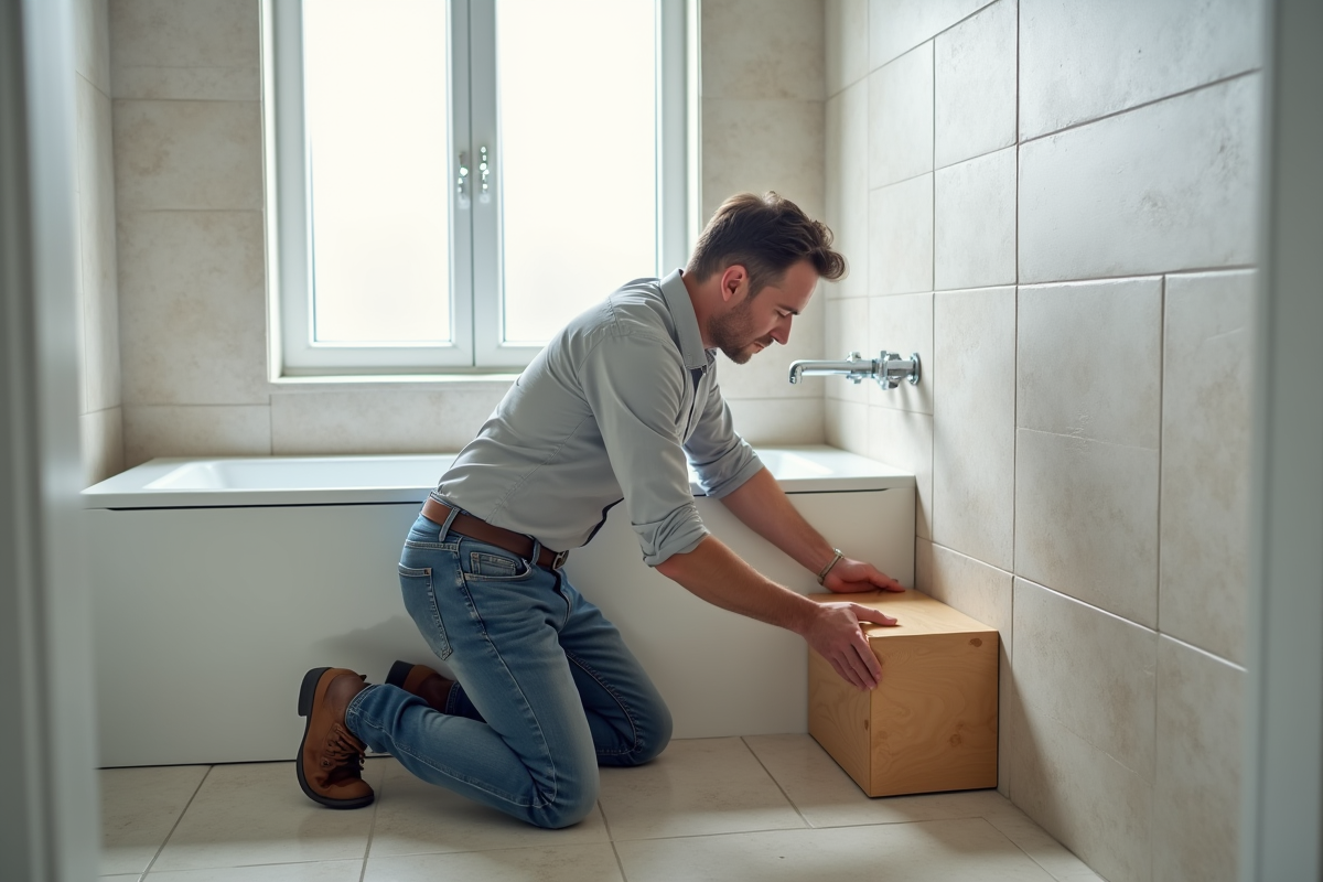 Homme installant un panneau en bois pour la baignoire