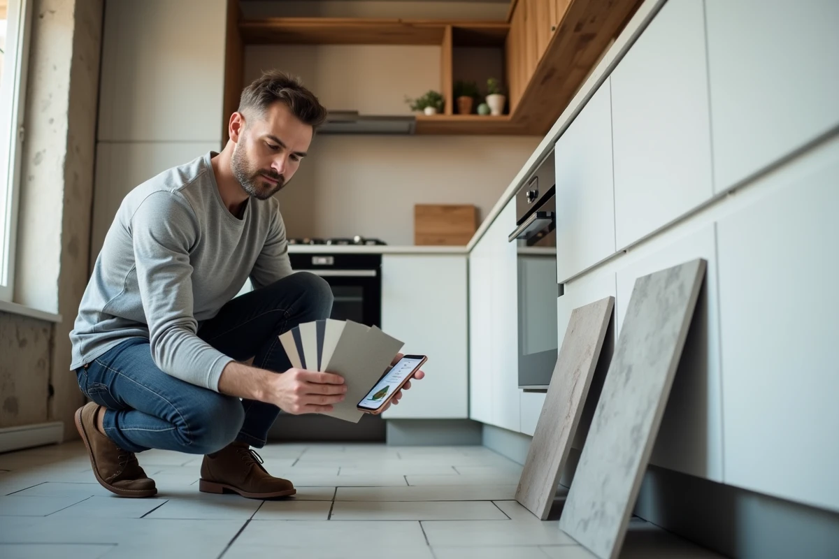 Homme comparant des échantillons de peinture dans une cuisine en rénovation avec l'aide d'une application IA d'aménagement intérieur sur smartphone
