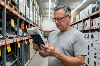 Un homme d'une cinquantaine d'années examine attentivement une boîte de panneau solaire en promotion dans un magasin de bricolage, l'air méfiant face aux offres discount