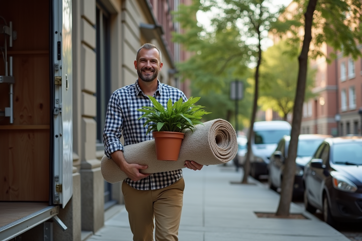 Homme souriant fermant la porte du camion de déménagement