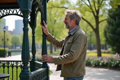 Homme souriant examine un gazebo en fer forgé dans un parc urbain