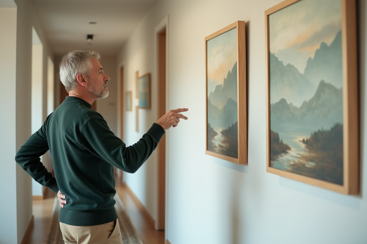 Homme réfléchissant devant tableaux dans un couloir lumineux