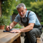 Homme d'âge moyen appliquant de l'huile sur un banc en bois dans le jardin