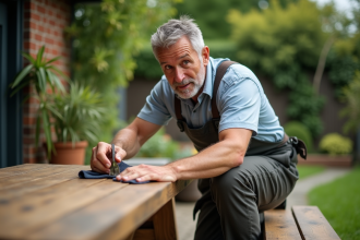 Homme d'âge moyen appliquant de l'huile sur un banc en bois dans le jardin