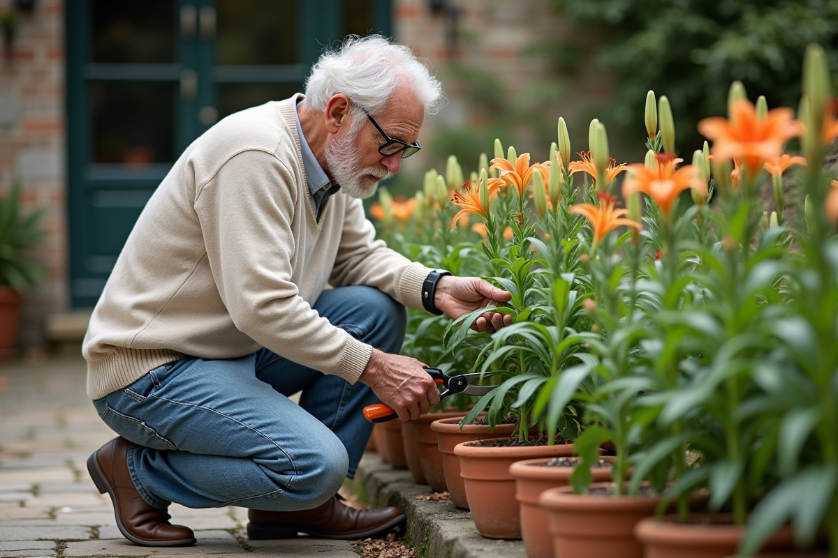 Homme âgé examinant les bourgeons de lilas dans le jardin