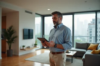 Homme d'âge moyen utilisant une tablette dans un appartement moderne