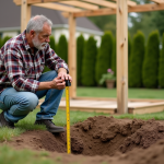 Homme en travail dans le jardin avec pergola en construction