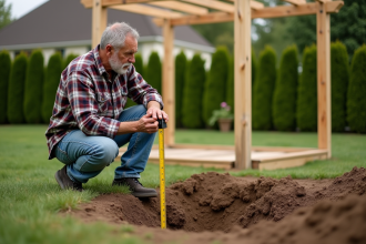 Homme en travail dans le jardin avec pergola en construction