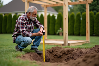 Homme en travail dans le jardin avec pergola en construction
