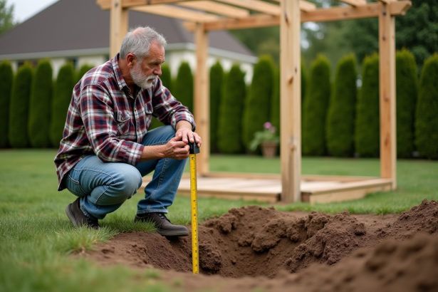 Homme en travail dans le jardin avec pergola en construction
