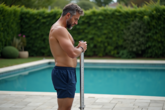 Homme d'âge moyen en maillot bleu nageant mesure la piscine
