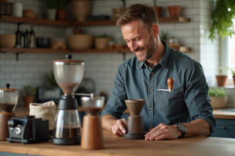 Homme souriant examinant un moulin à café ancien dans une cuisine chaleureuse