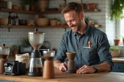 Homme souriant examinant un moulin à café ancien dans une cuisine chaleureuse