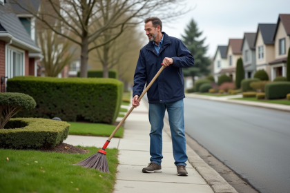 Homme d'âge moyen nettoie le trottoir devant sa maison
