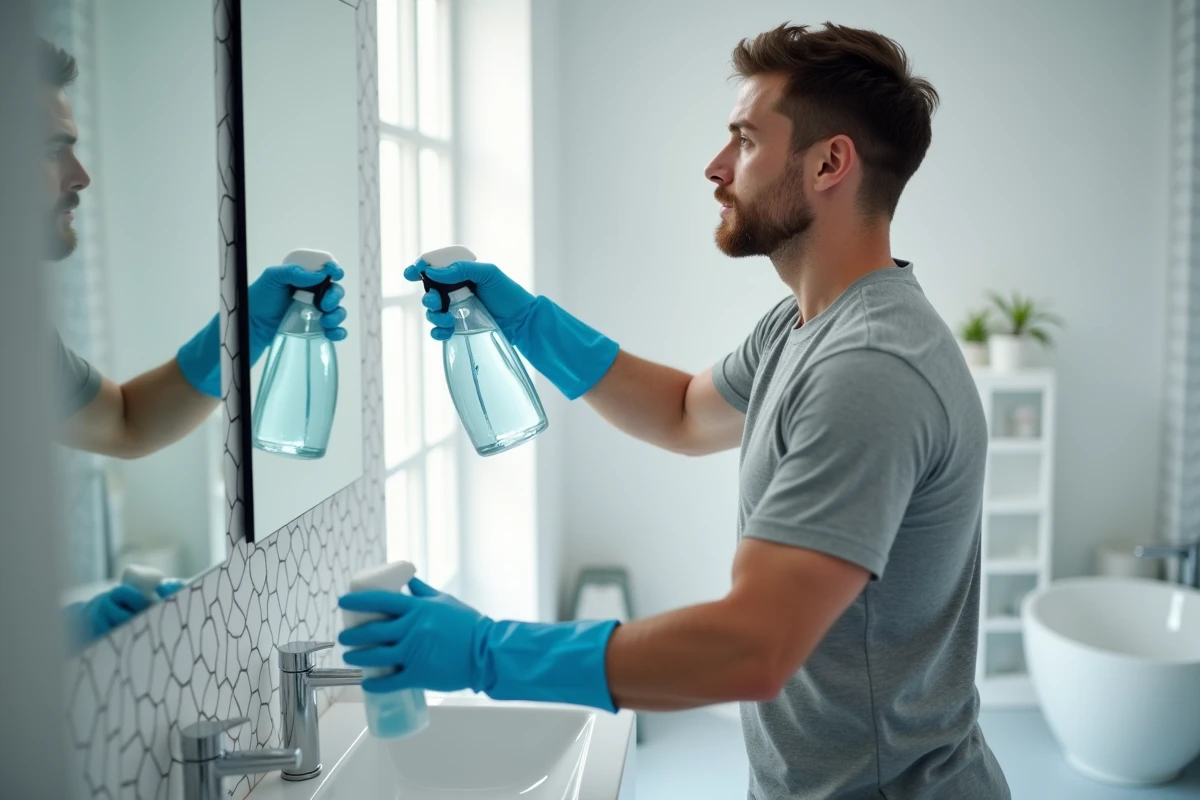 Homme utilisant un produit H2O à base d'eau pour nettoyer un miroir de salle de bain