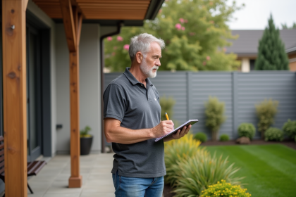 Homme d'âge moyen près d'une pergola en bois dans un jardin