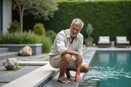Homme méditant près d'une piscine en pierre naturelle