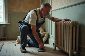 Homme en overalls ponçant un radiateur ancien dans une pièce